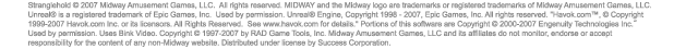 Stranglehold © 2007 Midway Amusement Games, LLC. All rights reserved. MIDWAY and the Midway logo are trademarks or registered trademarks of Midway Amusement Games, LLC. Unreal® is a registered trademark of Epic Games, Inc. Used by permission. Unreal® Engine, Copyright 1998-2007, Epic Games, Inc. All rights reserved. "Havok.com™, © Copyright 1999-2007 Havok.com Inc. or its licensors. All Rights Reserved. See www.havok.com for details." Portions of this software are Copyright © 2000-2007 Engenuity Technologies Inc." Used by permission. Uses Bink Video. Copyright © 1997-2007 by RAD Game Tools, Inc. Midway Amusement Games, LLC and its affiliates do not monitor, endorse or accept responsibility for the content of any non-Midway website. Distributed under license by Success Corporation.